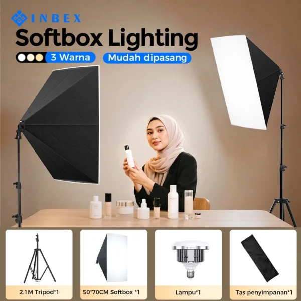 id-11134207-822wo-mlmwhdug7y0zbd INBEX Softbox 50x70cm Lampu Konten Kreator / Lighting Foto Produk / Live Streaming 3 Suhu Warna 5500K